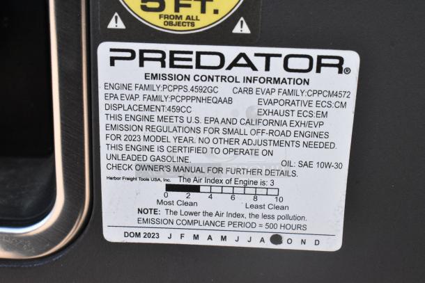 Predator generator label with emission control information, engine family details, and compliance notes for 2023 models.
