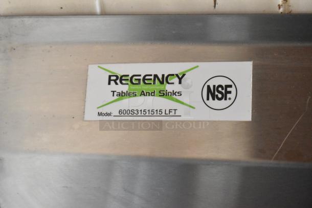 Regency stainless steel sink tag showing model 600S3151515 LFT, NSF certified for commercial use.