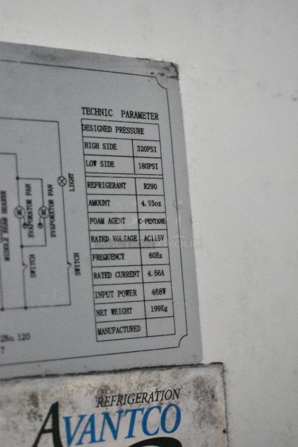 Label showing technical specifications for Avantco refrigeration unit. Details include PSI, refrigerant type, voltage, and power.