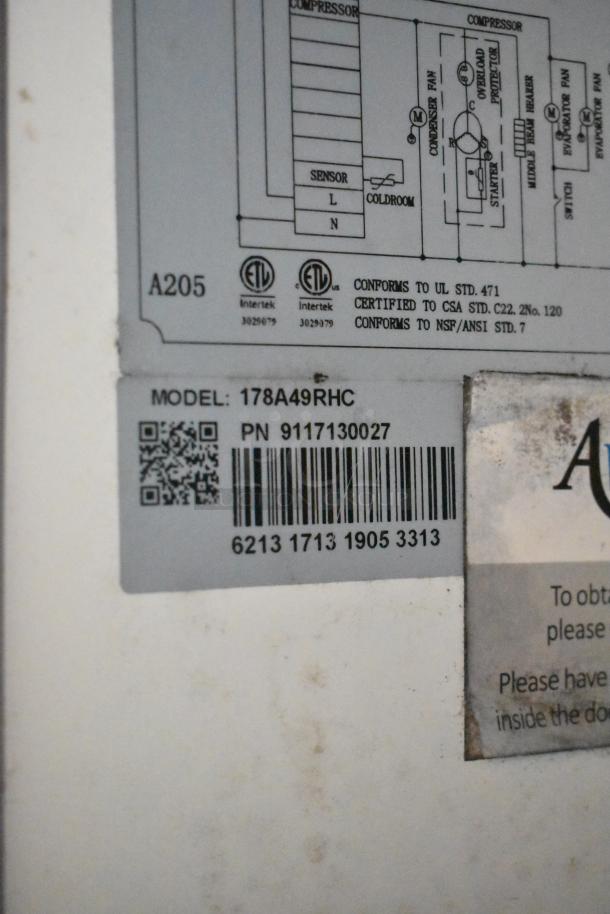 Label on appliance showing model 178A49RHC, PN 9117130027. Includes barcodes, QR code, and certification standards.