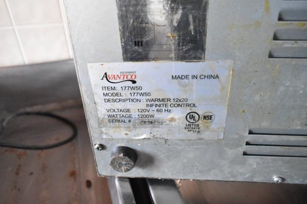 Label on Avantco warmer model 177W50, 120V, 1200W, NSF certified, used in a fully equipped food trailer.