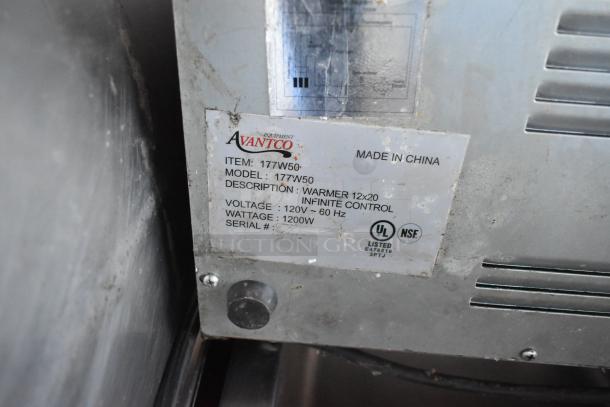 Avantco food warmer label, model 177W50, 120V, 1200W. Infinite control, UL and NSF listed. Made in China.