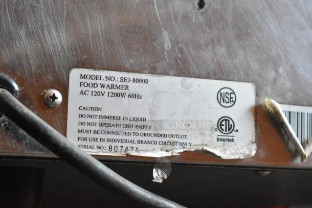 Label on food warmer, Model SEJ-80000, 120V 1200W, NSF and ETL certified. Caution not to immerse in liquid. Serial: 807471.