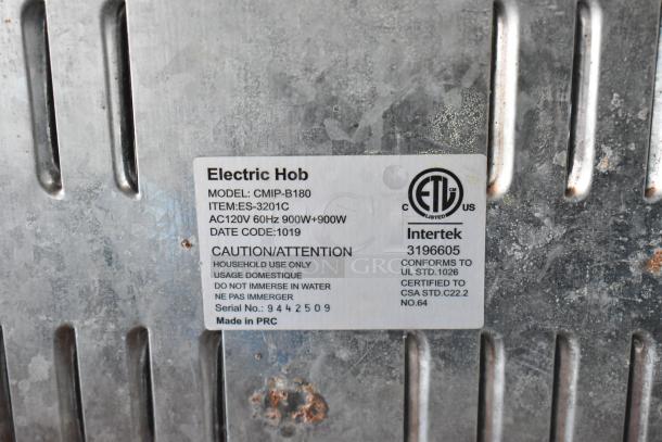 Label on electric hob showing model CMIP-B180, item ES-3201C, 120V, 60Hz, 900W, ETL certified, Intertek 3196605.