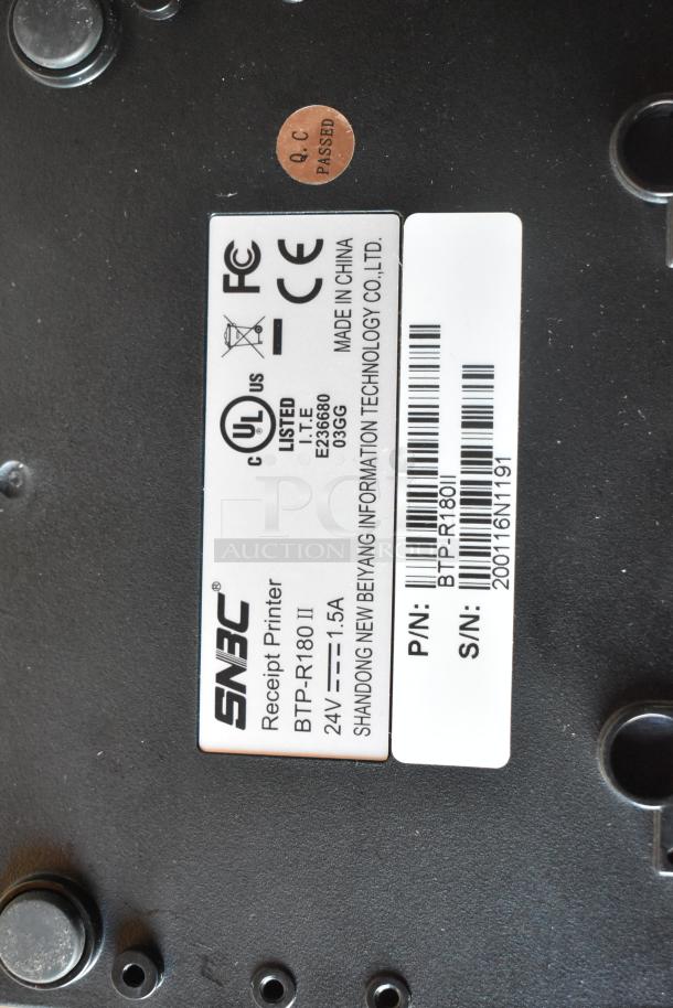 Label of SNBC Receipt Printer BTP-R180II, 24V, 1.5A, with UL and CE certifications, made by Shandong New Beiyang.