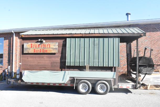 2007 Lanchester food trailer, wood exterior, "Brewster's Bar-B-Que" sign, equipped with grill, cooler, steam table.