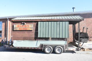 2007 Lanchester food trailer, wood exterior, "Brewster's Bar-B-Que" sign, equipped with grill, cooler, steam table.
