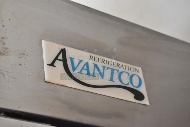 Avantco Refrigeration label on stainless steel cooler, part of a 2007 Lanchester food trailer.