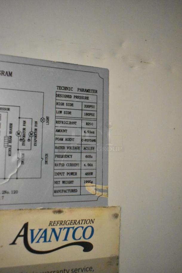 Avantco refrigeration label with technical specifications: pressure ratings, refrigerant type, voltage, and power details.