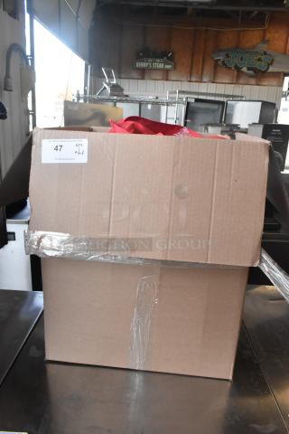 Cardboard box containing a lot of assorted items, including Starbucks ceramic mugs and poly cups. Auction label "47" visible.