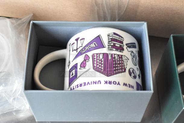 Lot includes a Starbucks ceramic mug with New York University design, in box, excellent condition.