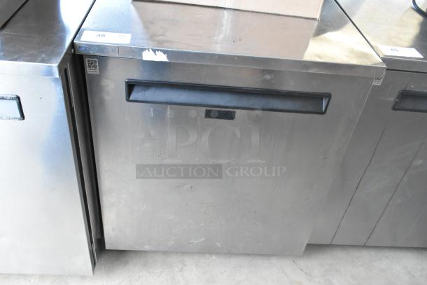 2019 Delfield 406P-STAR2 stainless steel undercounter cooler, single door, on casters, 115 volts, visible wear marks.