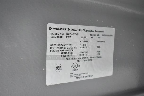 Label on 2019 Delfield 406P-STAR2 cooler showing model, 115V, R-290 refrigerant, NSF and UL listed, made in USA.