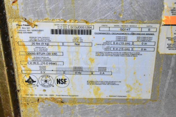 Pitco Frialator SG14T fryer info tag showing model, 100,000 BTU, natural gas, dimensions, and certifications. Used condition.