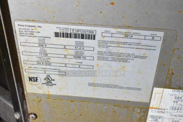 2018 Pitco Frialator SE14 stainless steel commercial fryer label, 208V, 3 phase, 47.2A; NSF and UL certified.