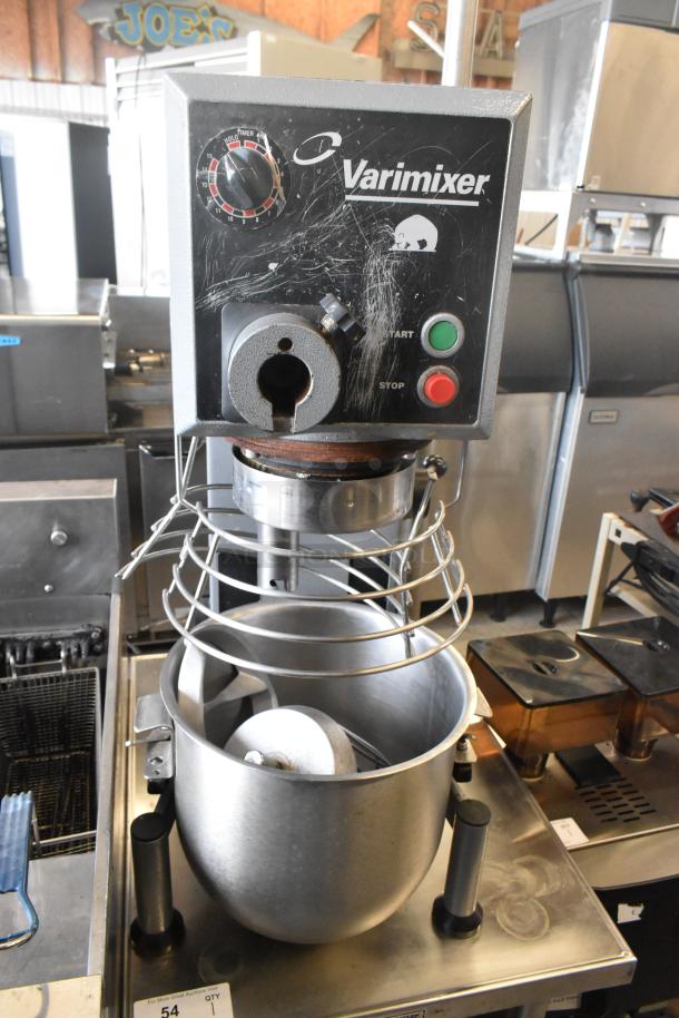 Varimixer W20 20-quart metal dough mixer with bowl, guard, whisk, and attachments. Visible wear, 115V, 1 Phase.