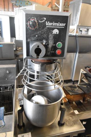 Varimixer W20 20-quart metal dough mixer with bowl, guard, whisk, and attachments. Visible wear, 115V, 1 Phase.
