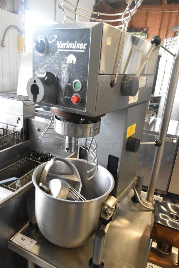 Varimixer W20 commercial 20-quart planetary dough mixer with bowl, guard, whisk, and attachments. Features used condition.