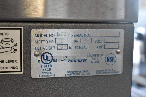 Varimixer W20 label, 1 HP motor, 293 lbs, 115V, UL and NSF listed, commercial food mixer, parts made in Denmark.