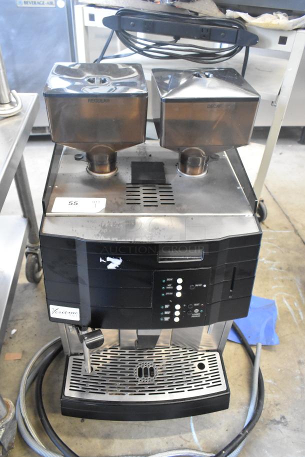 Schaerer Verismo 701 commercial espresso machine, dual hoppers labeled "Regular" and "Decaf," countertop model, used condition.