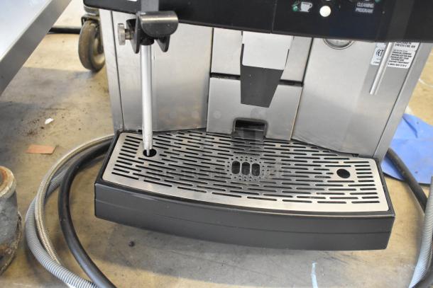 Schaerer Verismo 701 commercial espresso machine with 2 hoppers, metal build, countertop model, 208-240V, 1 phase.