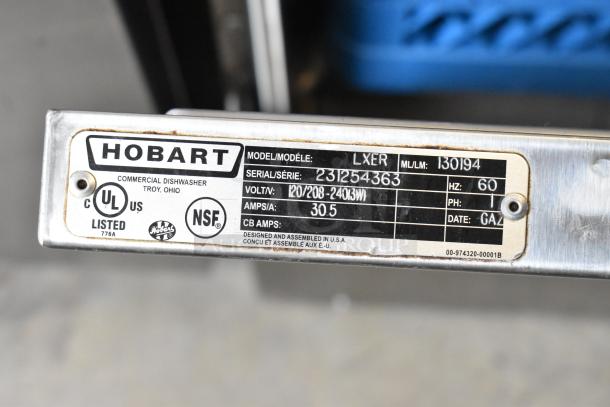 2023 Hobart LXER Advansys stainless steel commercial dishwasher label, showing model, volts, amps, and certifications.