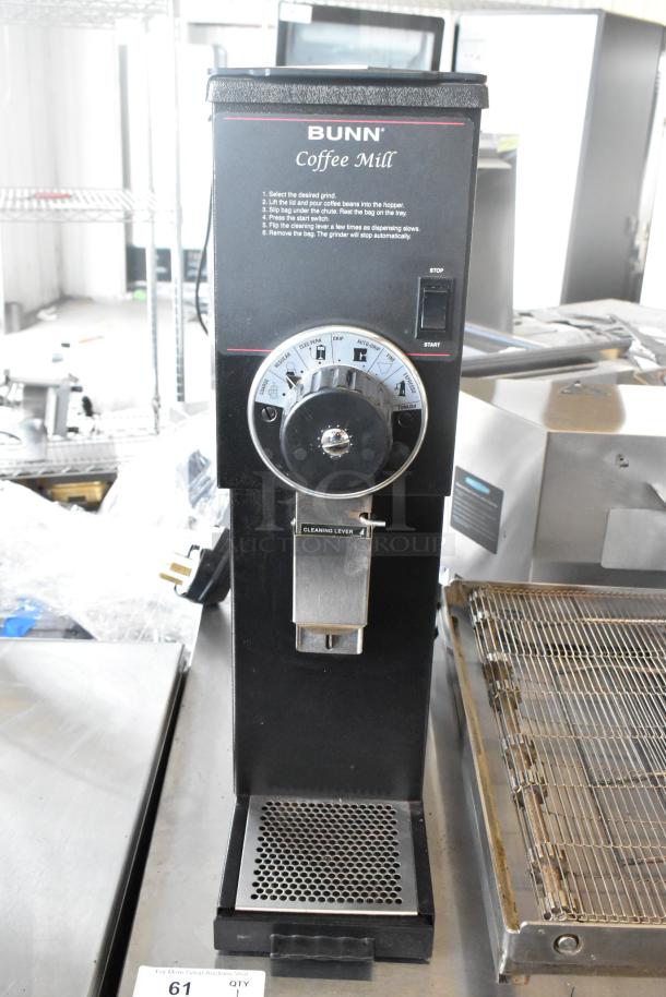 2019 Bunn G2 HD countertop coffee grinder, metal body, 120V, 1 phase. Features grind selection dial and start/stop buttons.