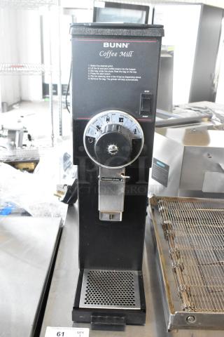 2019 Bunn G2 HD countertop coffee grinder, metal body, 120V, 1 phase. Features grind selection dial and start/stop buttons.