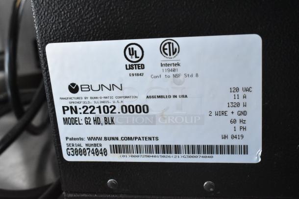 2019 Bunn G2 HD Coffee Bean Grinder, commercial countertop model, 120V, 1 Phase. Label shows serial number and specs.