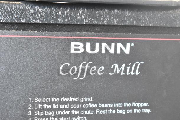 2019 Bunn G2 HD metal commercial coffee grinder. Features label with usage instructions on front. 120 volts, 1 phase.