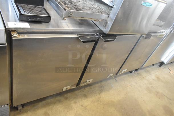 Beverage Air UCR72AY-23 stainless steel commercial 3-door undercounter cooler, on commercial casters, 115 volts, 1 phase.