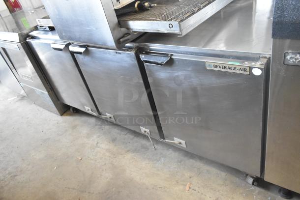 Stainless steel Beverage Air UCR72AY-23 3-door undercounter cooler on casters, commercial grade, 115V, 1 phase.