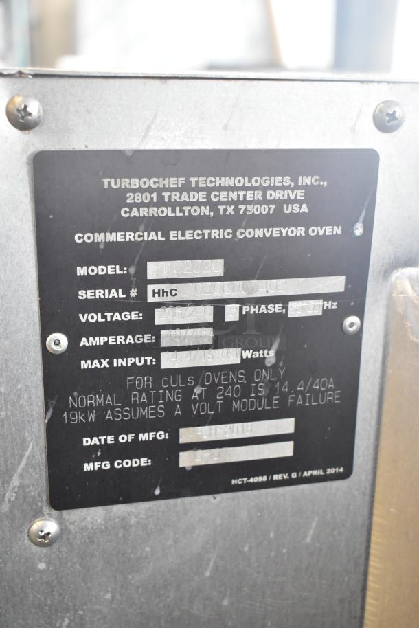 2018 Turbochef HhC2020 stainless steel commercial electric conveyor oven label, model details, and voltage info.