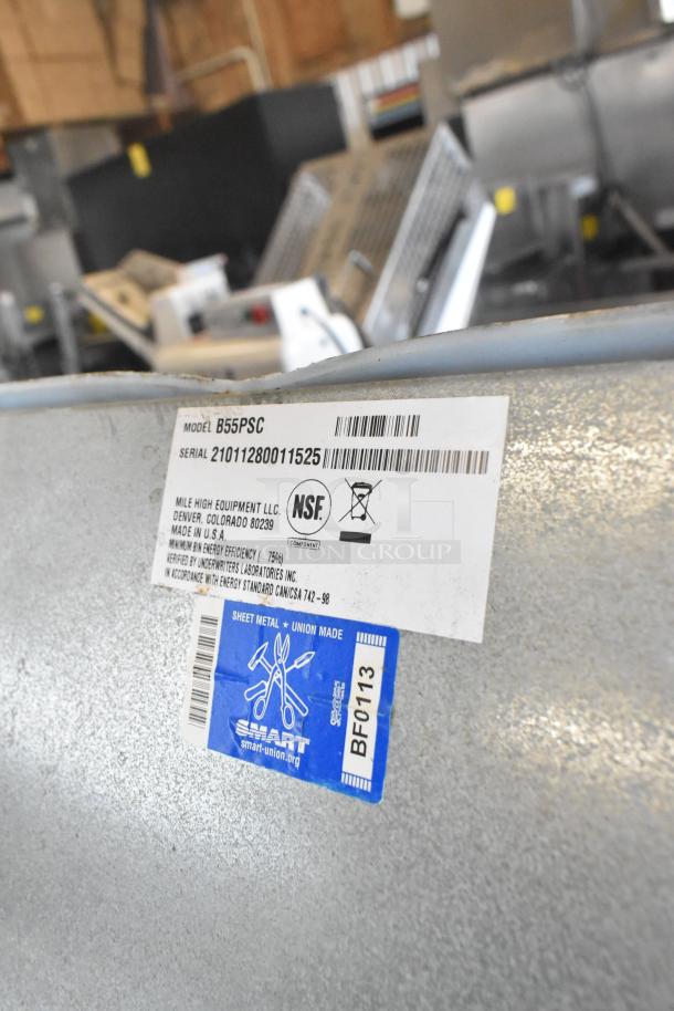 2021 Ice-O-Matic B55PSC stainless steel ice storage bin, 510 lb capacity. Label shows model and serial number. NSF certified.