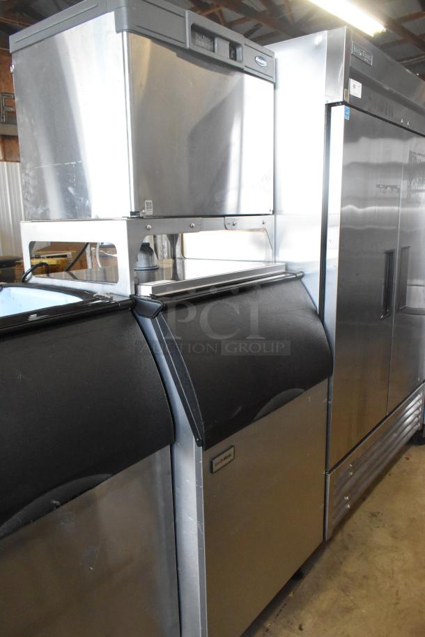 Follett B55H22H30 stainless steel ice head on Ice-O-Matic B55PSC stainless steel ice bin, excellent condition.