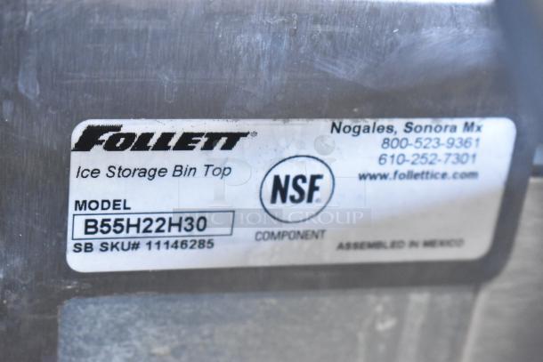 Follett B55H22H30 stainless steel ice head on Ice-O-Matic B55PSC bin, showing model label, in commercial condition.