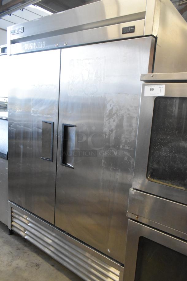 2019 True T-49F-HC stainless steel commercial 2-door freezer with poly-coated racks on casters, 115V, 1 phase.