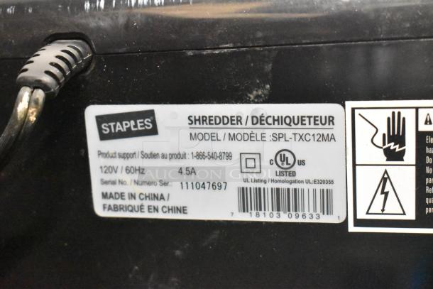 Staples SPL-TXC12MA countertop shredder label, 120V, 4.5A, UL listed, made in China, serial number 111047697.
