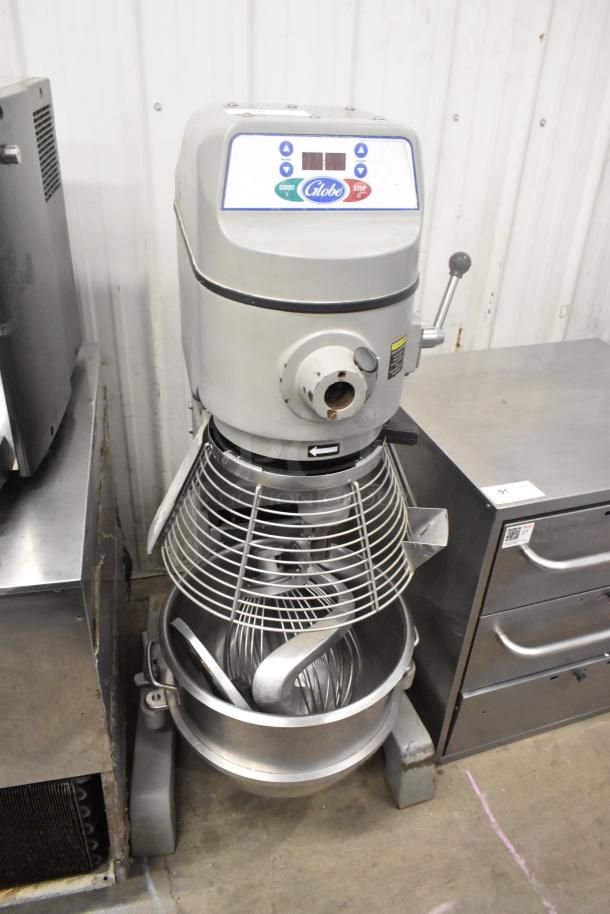 Globe SP40 40 Quart Planetary Dough Mixer with bowl, guard, whisk, paddle, and hook attachments; 208V, 3-phase.