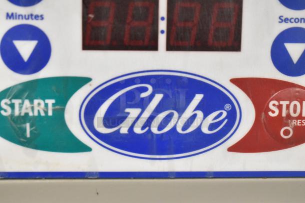 Globe SP40 Mixer control panel showing start and stop buttons with brand logo.