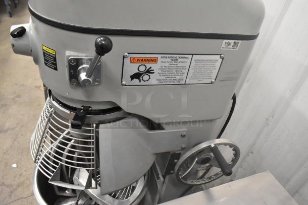 Globe SP40 40-quart planetary dough mixer with stainless bowl, bowl guard, and attachments. 208V, 3-phase.