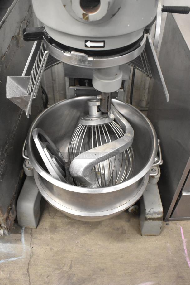 Globe SP40 40 Qt Planetary Dough Mixer with stainless steel bowl, bowl guard, whisk, paddle, dough hook. 208V, 3 Phase.