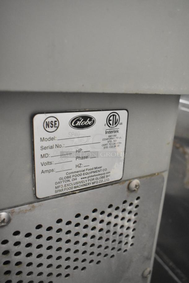 Globe SP40 commercial dough mixer, metal, 40-quart capacity, stainless steel bowl, attachments, 208V, 3-phase, label shown.