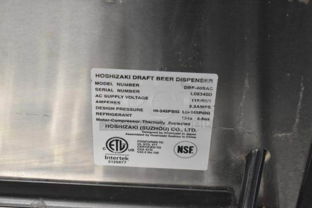 Hoshizaki DBF-40SAC stainless steel kegerator label showing model details, 115 volts, NSF/Intertek certified.