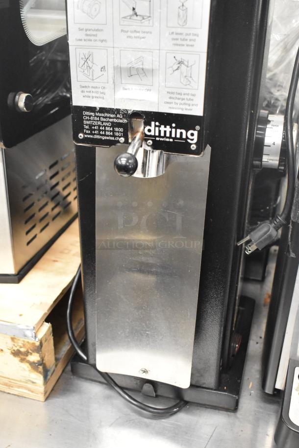 2017 Ditting KR1203 commercial coffee grinder, metal build, 120V, 1 phase, with instructions and Ditting branding plaque.