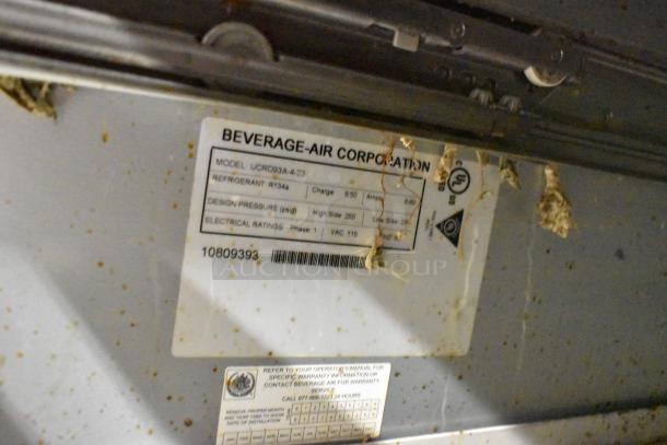 Beverage Air UCRD93A-4-23 label showing model information and specifications. Refrigerant: R134a, 115 Volts, 1 Phase.
