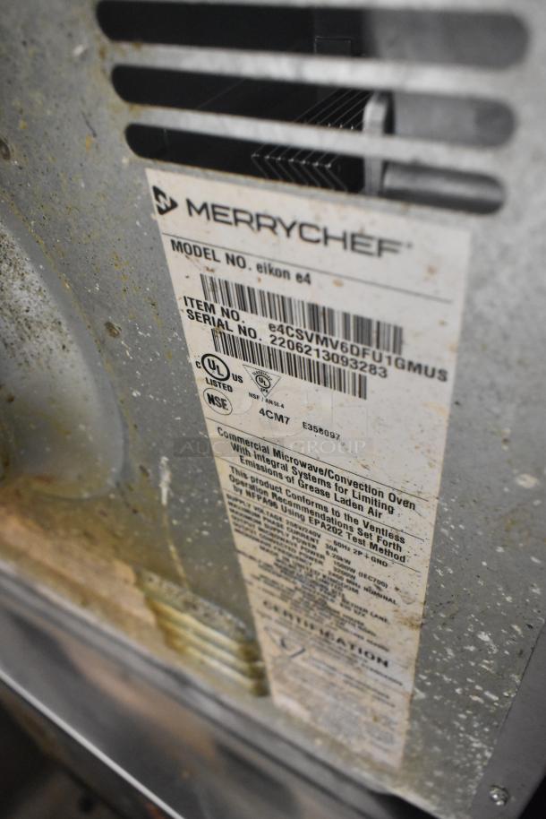 2022 Merrychef eikon e4 rapid cook oven, stainless steel, 208/240V, 1 Phase, item and serial numbers visible.