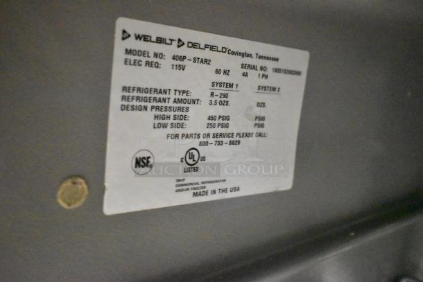 2019 Delfield 406P-STAR2 stainless steel undercounter cooler label; 115V, R-290 refrigerant; NSF, UL listed.