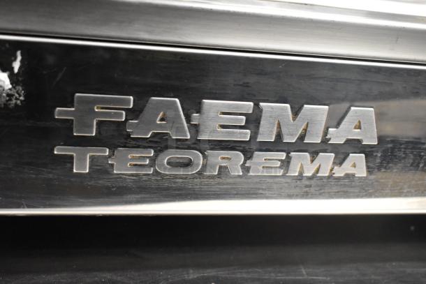 Faema Teorema stainless steel commercial espresso machine with two group heads, three portafilters, two steam wands, branding visible.