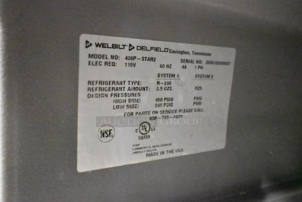 2020 Delfield 406P-STAR2 undercounter cooler label; 115V, 1 phase, R-290 refrigerant, NSF and UL listed, made in USA.